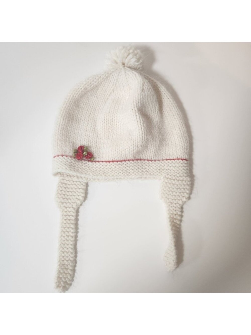 Handmade Knit Earflap Beanie Hat Cream White‎ with Red Rose Accent Pom Pom